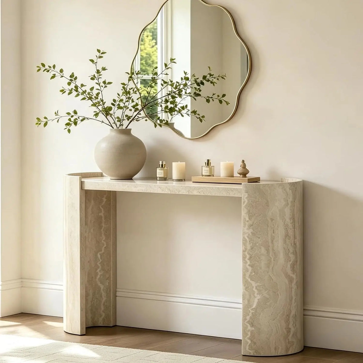 Modern Console Table Entryway Living Room Hallway Sofa Behind Wooden Faux Marble Pattern Beige W53.15", Customized