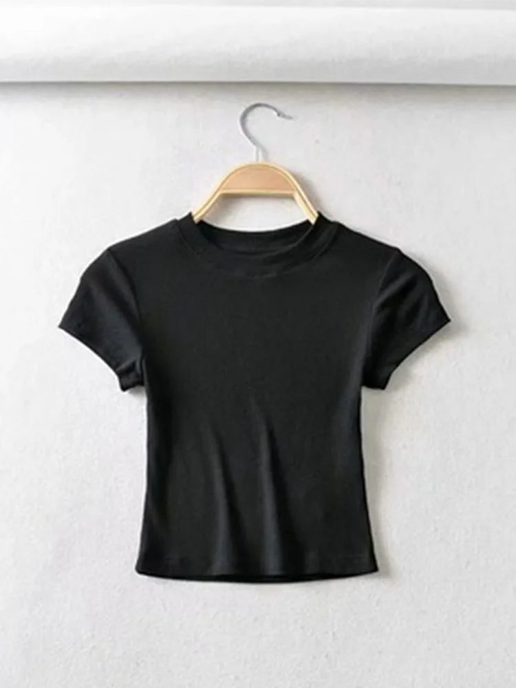Summer Sexy Women'S O-Neck Short-Sleeve T-Shirt Slim Elastic Skinny Crop Tops