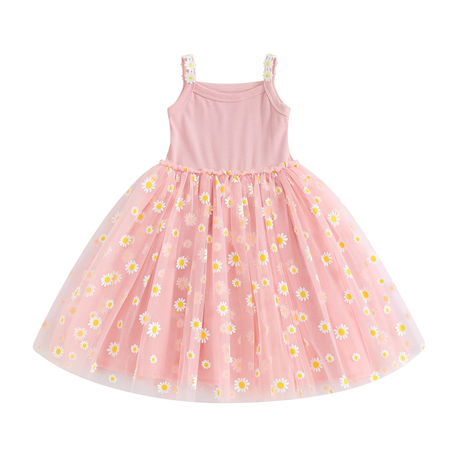 Vestido de princesa A-line de patchwork de malla de margaritas para bebés, sin mangas, ligero, transpirable, para fiesta en la playa.