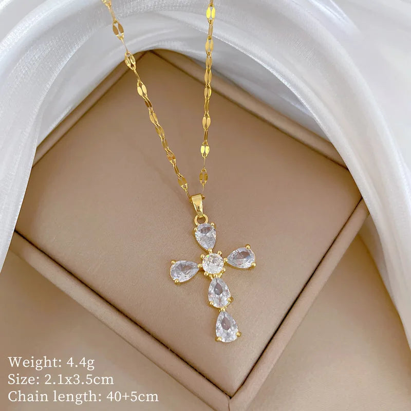 Full Zircon Cross Necklace for Women Gold Color Anti-Tarnish Titanium Steel Jewelry