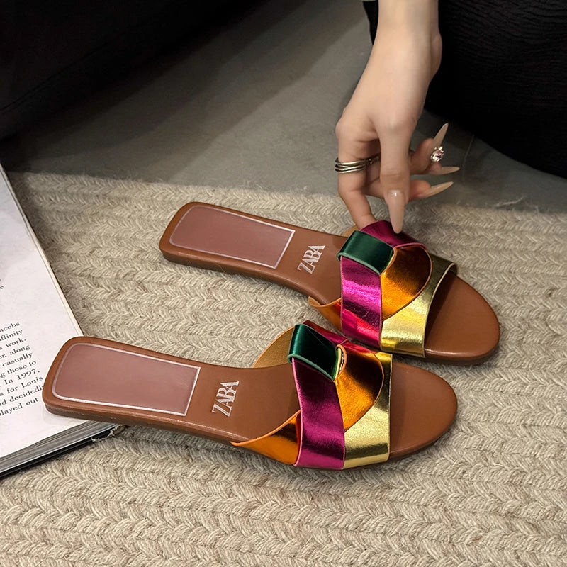 NAZSQ Women's Solid Color Fashion Slides - Summer Casual Flat Slippers