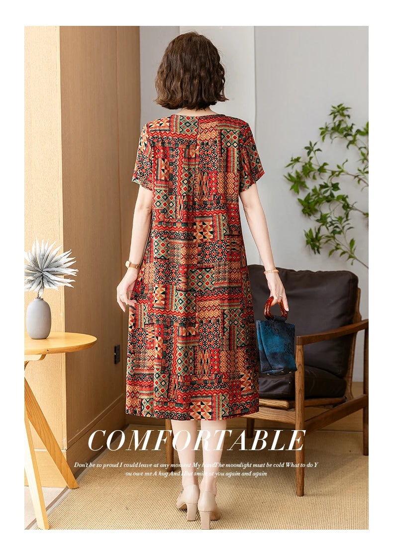 New 2025 Summer Dress Long Vintage Loose Women Elegant Sundress Dress Casual O-neck Dresses Print Plus Size