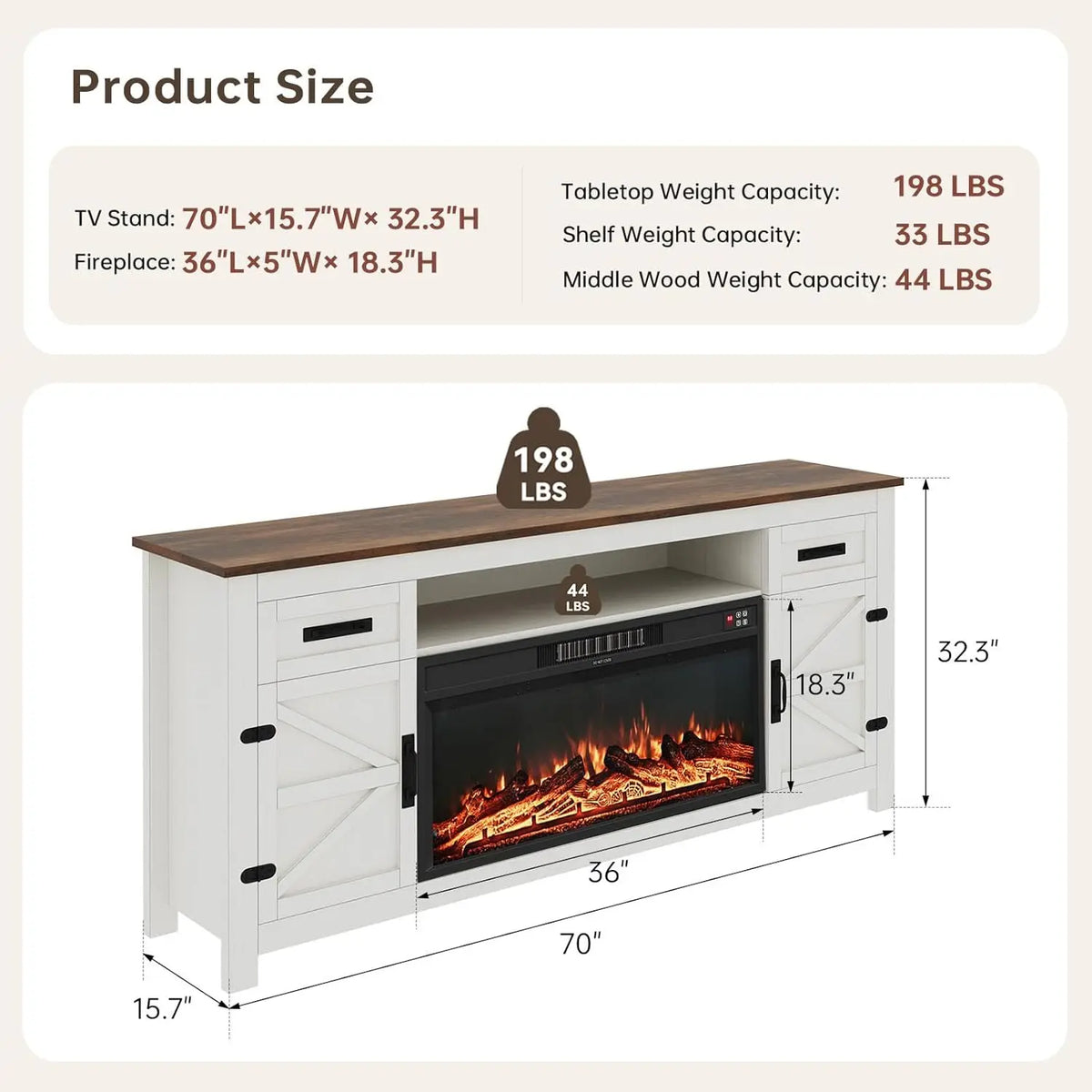 Fireplace TV Stand with Barn Door for TVs up to 80", Farmhouse Fireplace Entertainment Center with Storage, Customized
