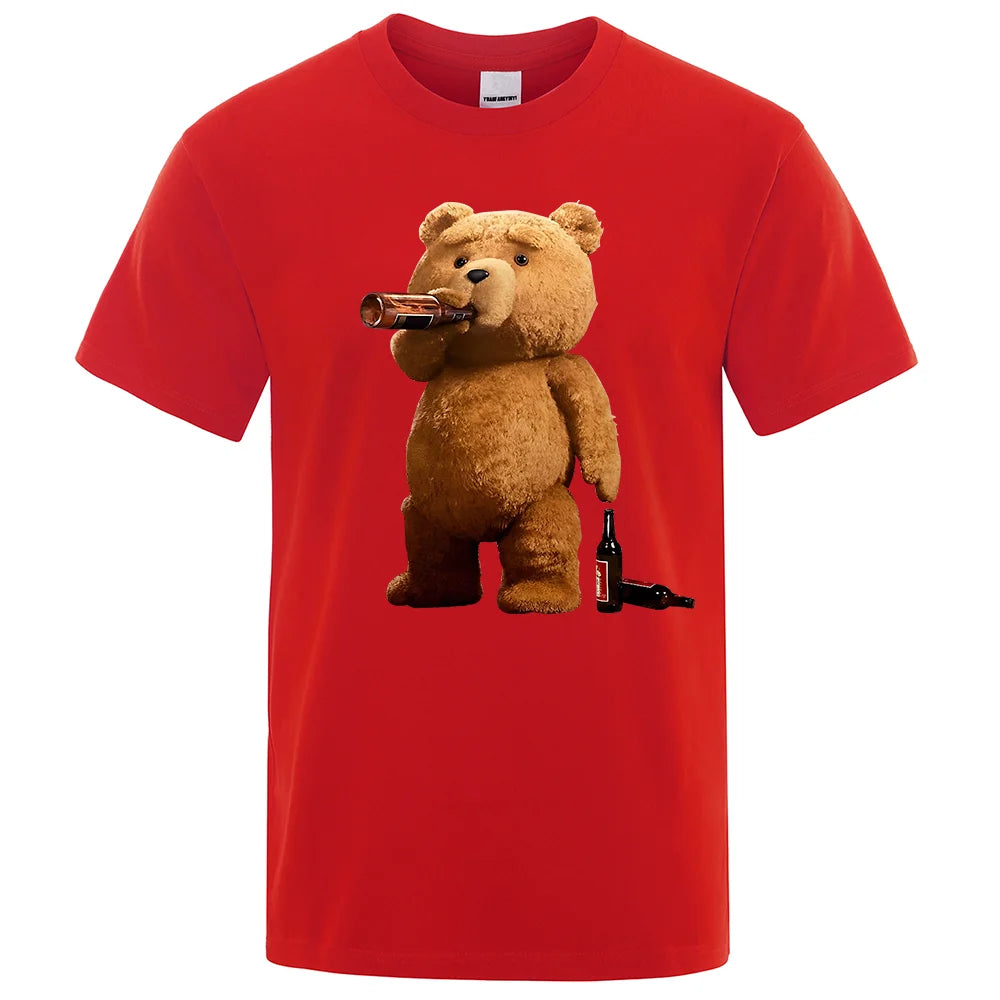 Lovely Ted Bear Drink Beer Poster Funny Printed T-Shirt Men Fashion Casual Short Sleeves Loose Oversize Tee Street Hip Hop Tops