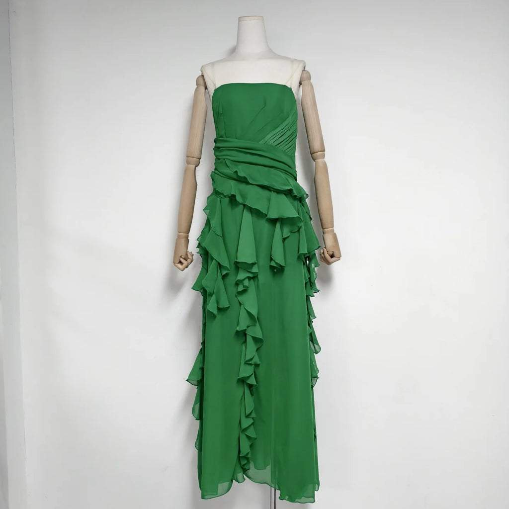 2026 Summer American Elegant Temperament Fashion Ruffled Splicing Sleeveless Strapless Irregular Split Chiffon Long Dress Women