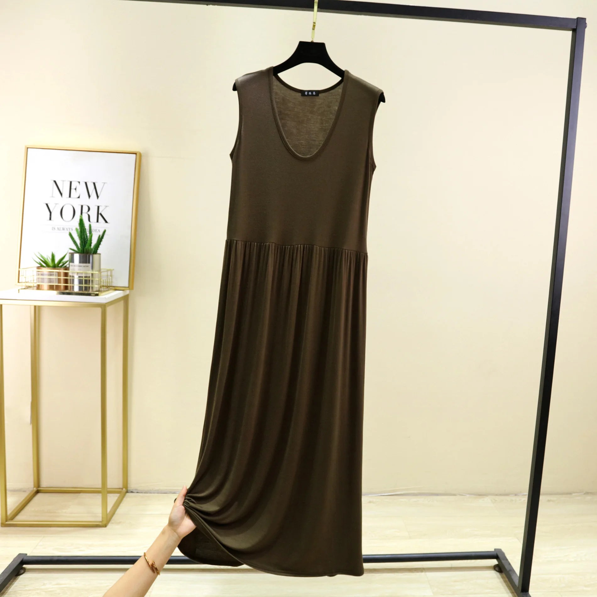 Plus Size Women's Modal Sleeveless Tank Dress – Pleated Mid-Length Waist-Slimming Homewear