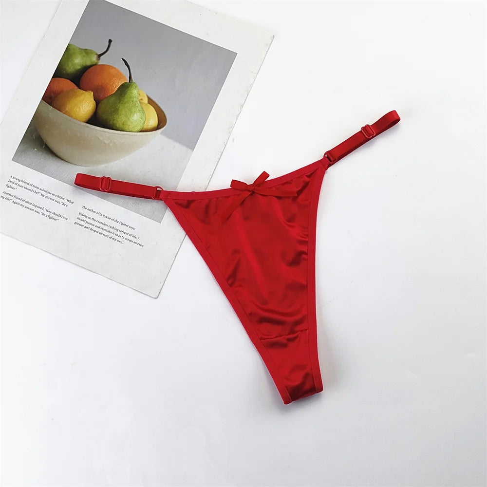 3PCS/Set Glossy Satin Pink Thong Adjustable Low Waist Women Smooth Silk G-string Sexy Plus Size Panty Set Underwear