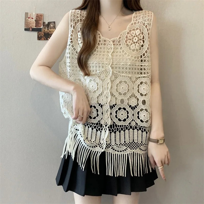 French Elegant Sleeveless Lace Hollow out Top Women's Summer New Design Asymmetrical Outerwear Vest Cover up Polyester Fabric