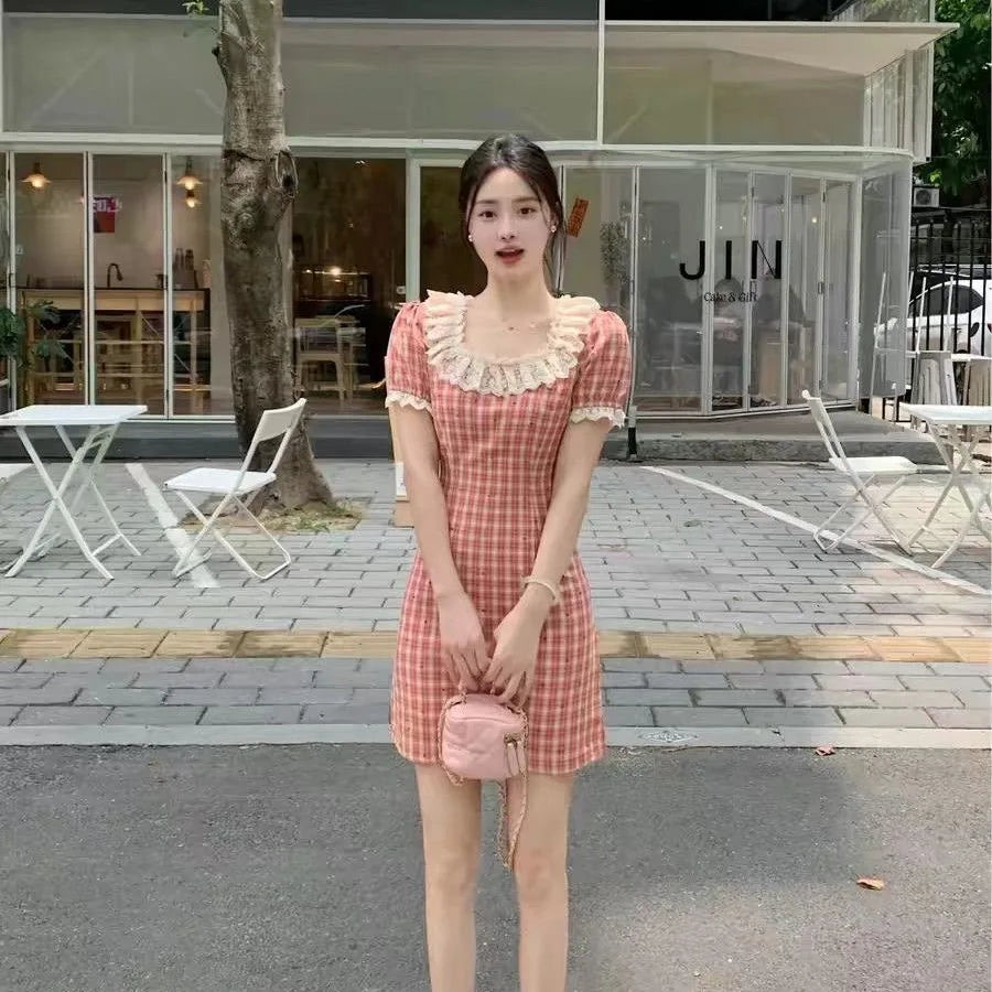 Retro Square Collar Red Plaid Heart Women's Dress plus Size Floral Trim Slimming Skirt High Waist Bubble Sleeve Summer Dress