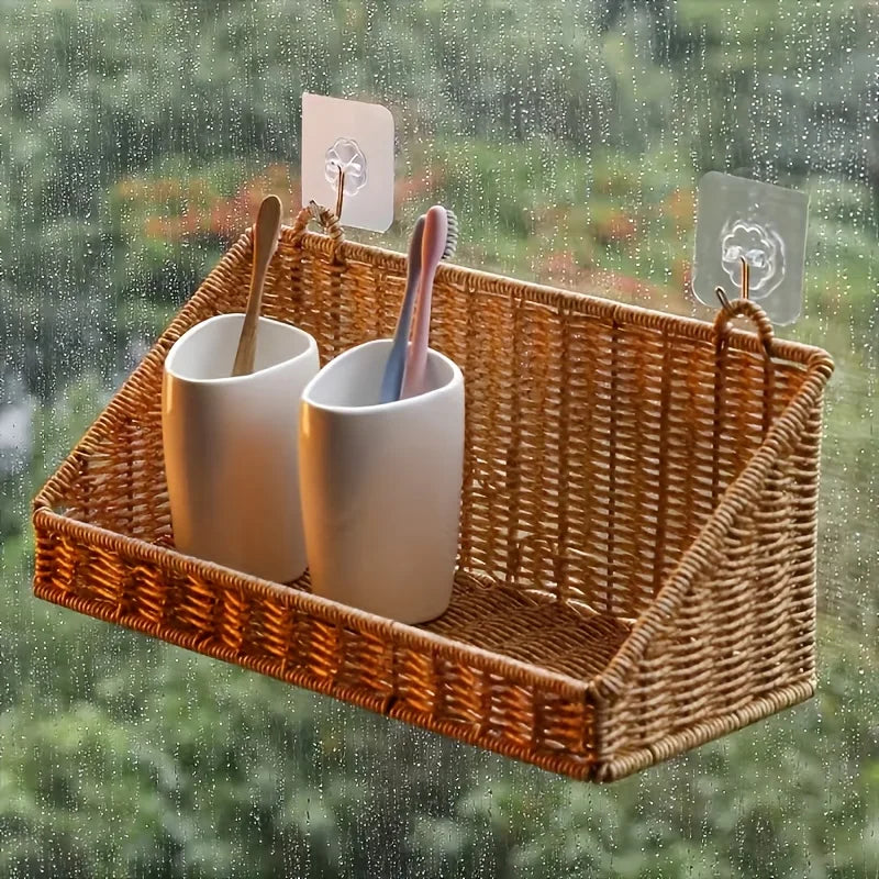 1pc Rustic Wall-Mounted Basket with Hooks - Woven Rattan Storage Hamper Suitable for Bathroom, Kitchen, Bedroom & Living Room