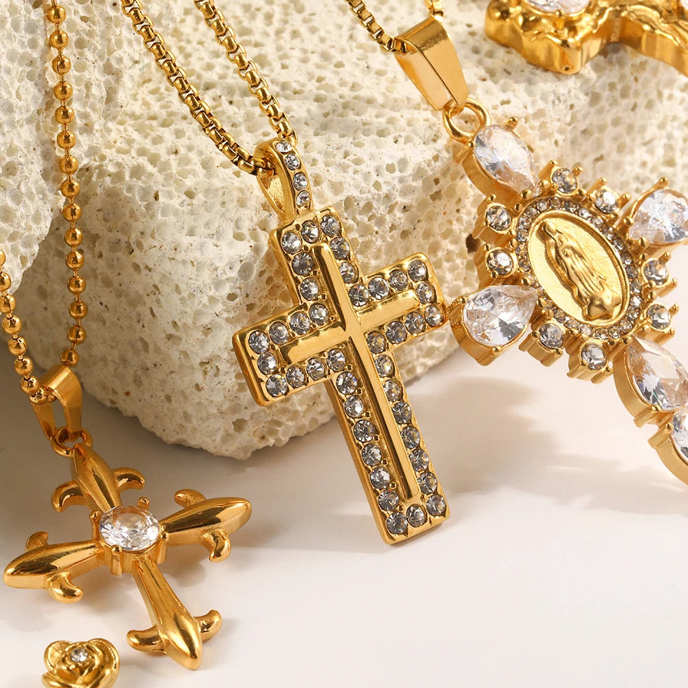 E.B.Belle Fashion Style Luxury Clear Zircon Cross Series Pendant Necklace 18K Gold Plated Stainless Steel Women'S Jewelry