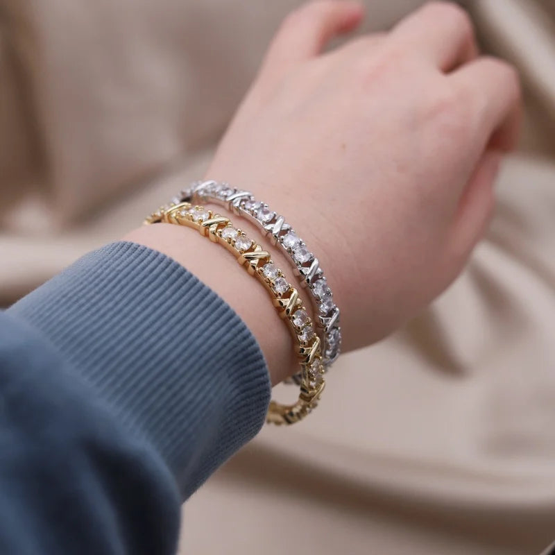 2024 French New Design Fashion Jewelry Two-Color Plated Zircon Letter X Opening Bracelet Elegant Women'S'S Daily Work Accessories