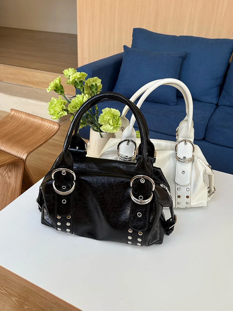 Fashion Rivet Women Shoulder Bag PU Leather Hot Girl Motorcycle Bag Bolsa Feminina Female Underarm Bag Ladies Big Handbag Black