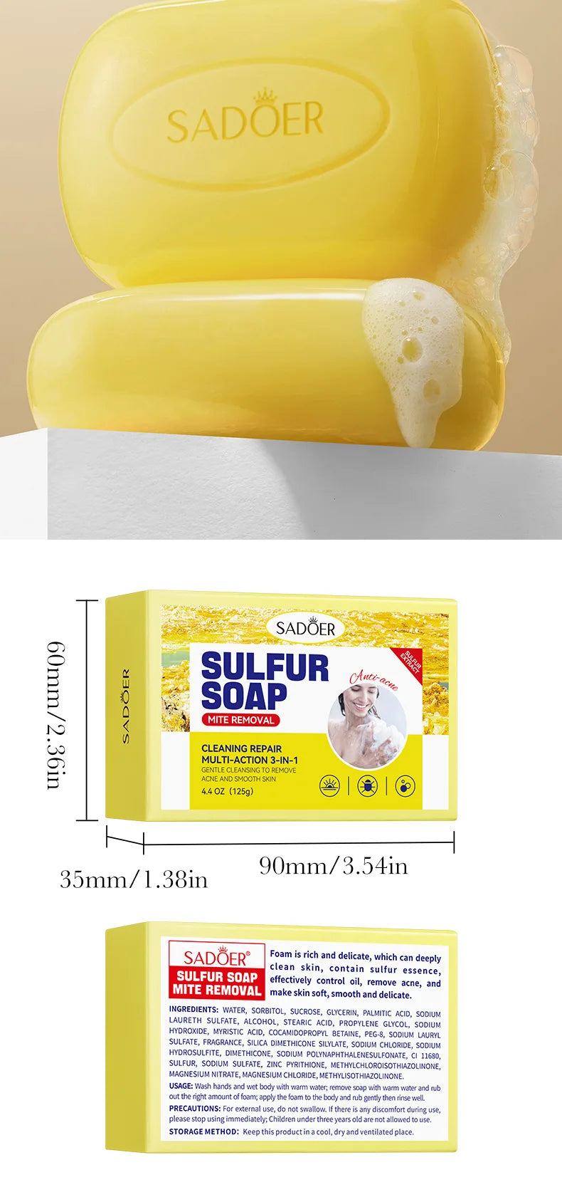 1/2pcs SADOER Sulfur Mite Removing Facial Soap Universal Handmade Soap for Body Face Wash Foam Moisturizing Facial Cleanser