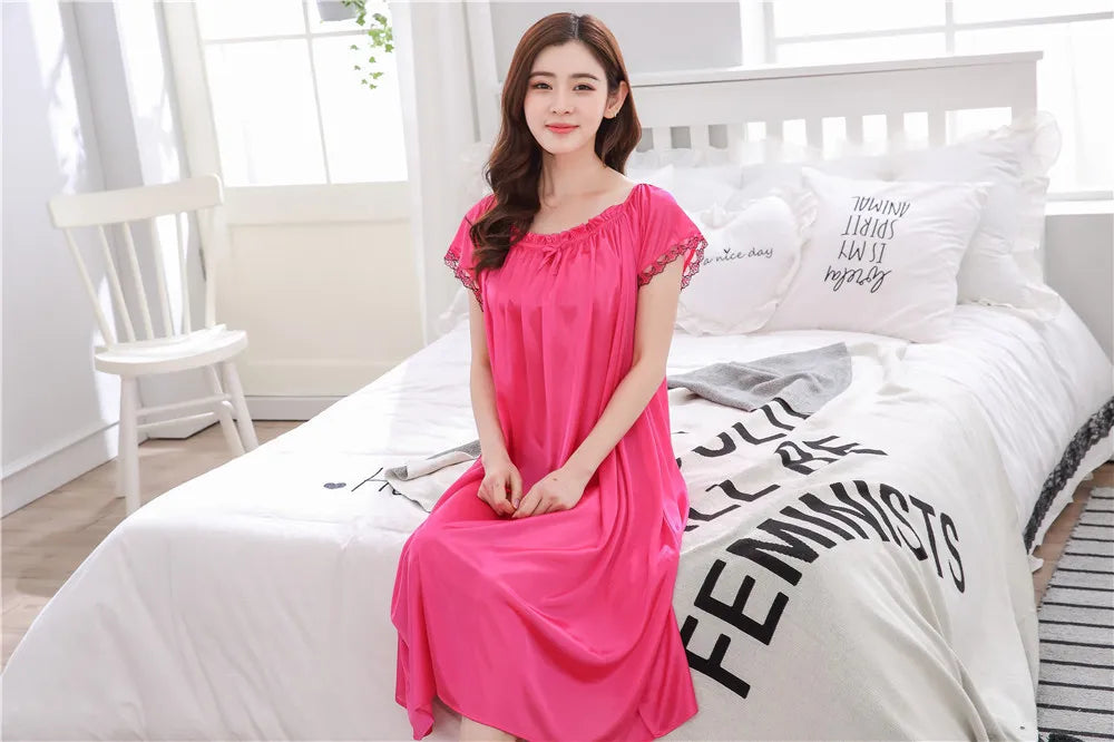 2026 New Women's Summer Imitation Silk Sleeping Skirt Multi Colored Short Sleeved Home Clothes Ice Silk Pajama Dress