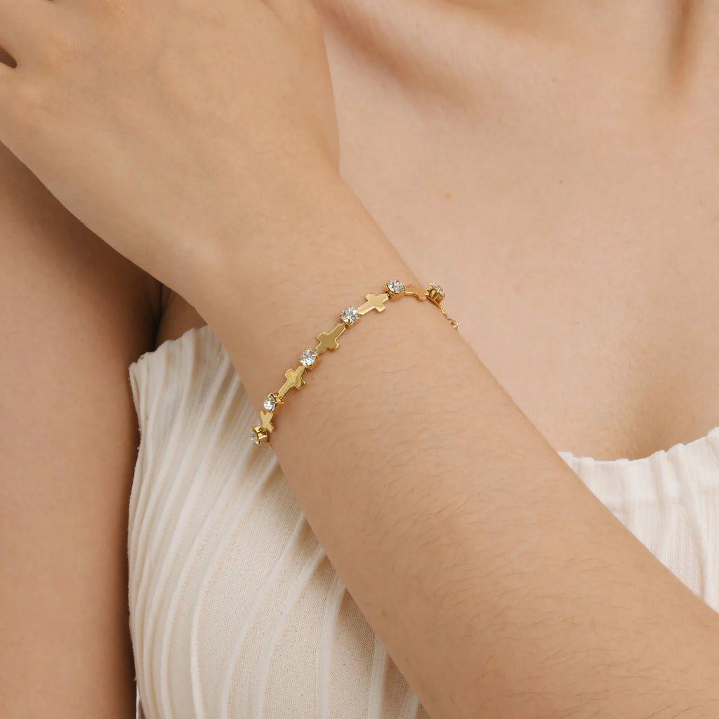 Zirconia Cross Bracelet For Women'S, Stainless Steel 18K Gold Plated Non Tarnish Stylish