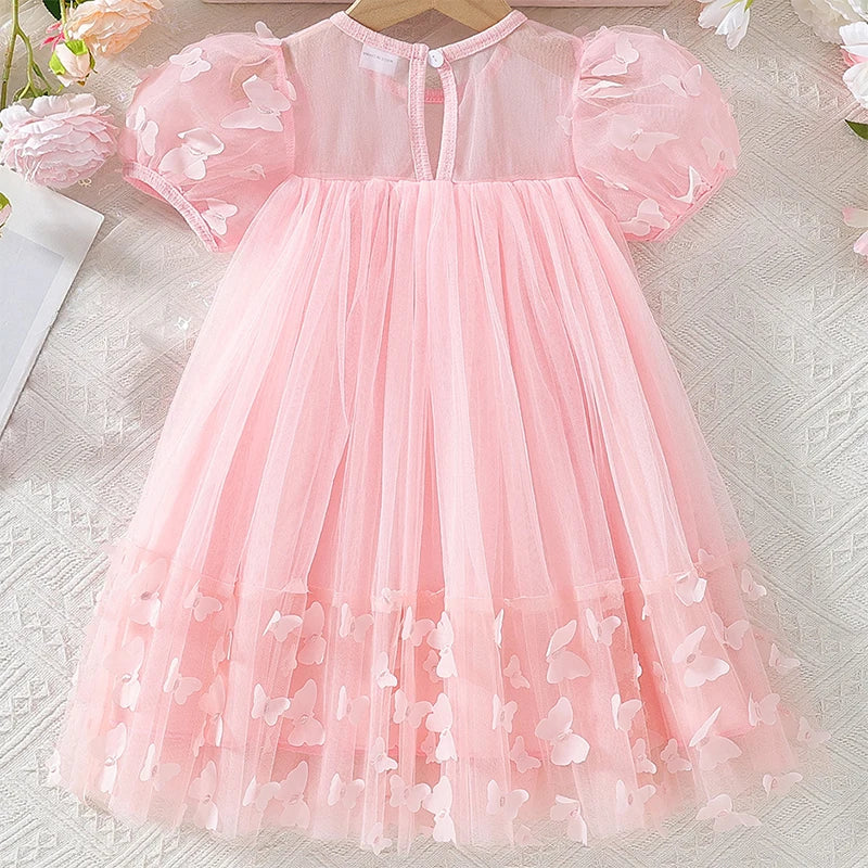 3-8Y Kid Girl Tulle Dress 3D Butterfly Short Sleeve Square Neck Mesh A-Line Dress for Spring Summer