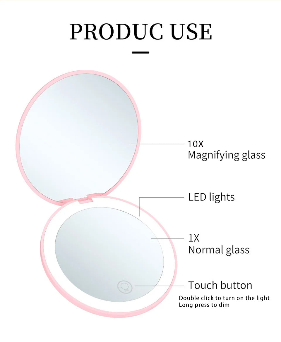 Pocket Mirror With Led Light Compact Makeup Mirror Small Mirrors Wholesale Mini Hand Folding Cute Mirror With Magnification