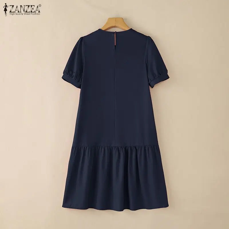 ZANZEA Stylish Floral Printed Dress Summer Women Short Sleeve Ruffled Hem Sundress Casual O-Neck Holiday Beach Knee Length Robe