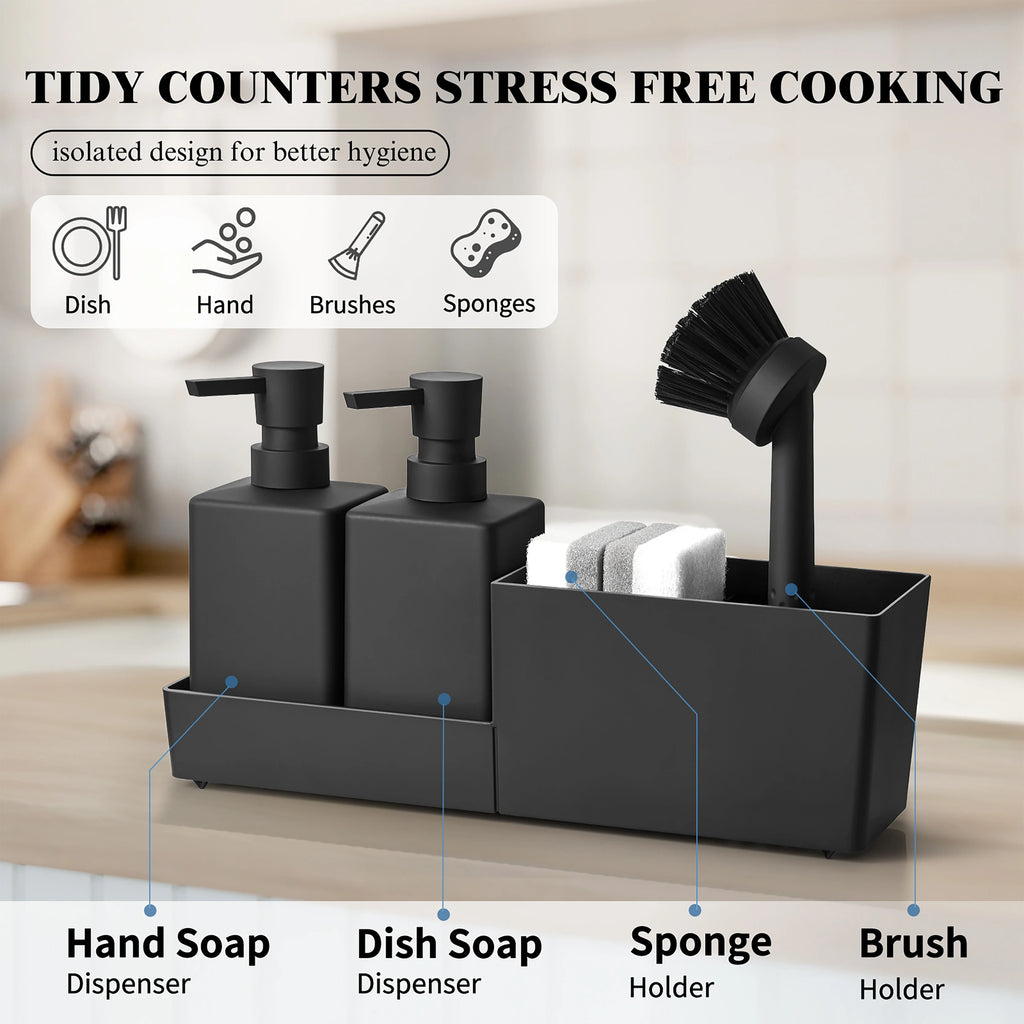 Juego de dispensador de jabón de cocina con soporte para esponja y cepillo para fregadero, dispensadores de jabón de manos y jabón lavavajillas, negro 4 en 1