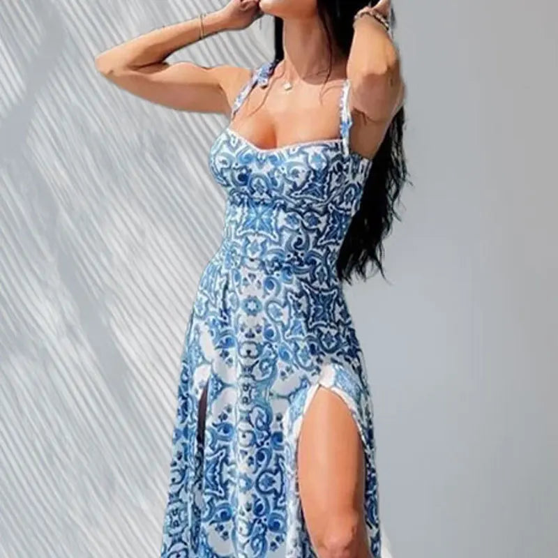 2026 Summer Elegant Woman Dress Spaghetti Strap Blue Floral Print Dresses High Waist Maxi Dress Blue White Print Slip Long Dress