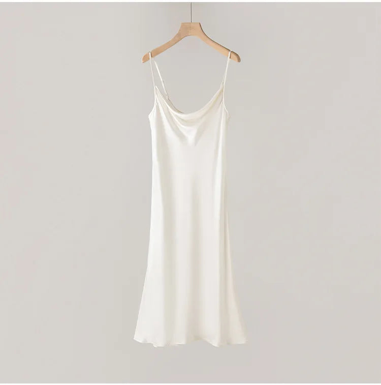 Women's Summer New Style French 100% Natural Mulberry Silk Plain Satin Swing Collar Temperament Camisole Slim Fit Party Dress