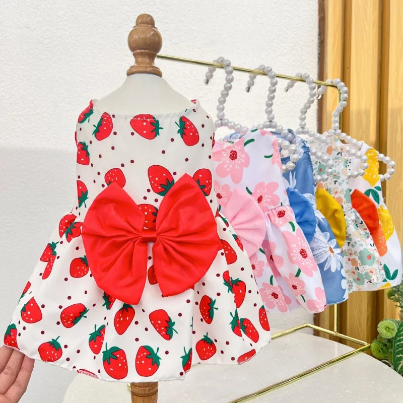 Dog Princess Dress Summer Kitten Pet Skirt Cute Printed Bow Lace Dog Dresses For Small Medium Puppies Poodle Chihuahua Apparel