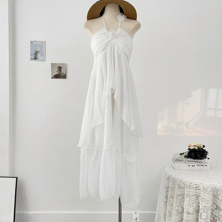 French style three-dimensional flower hanging neck lace-up dress women's summer vacation style sexy backless big swing skirt