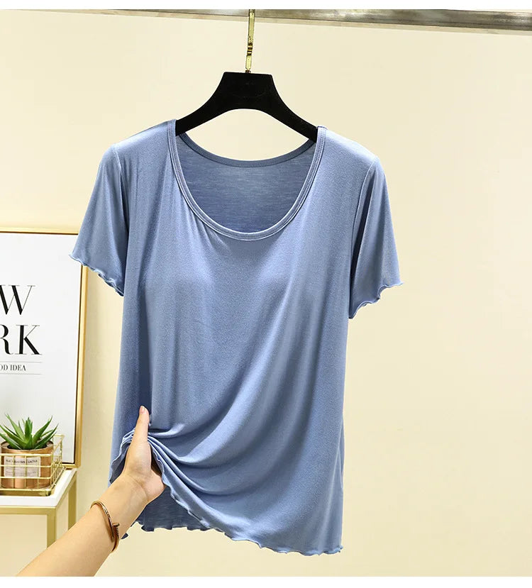 Modal No- Bra T-Shirt One-Piece Short Sleeve Women Summer Wear Casual Solid Color Base Layer Outdoor Wear round Neck T-Shirt