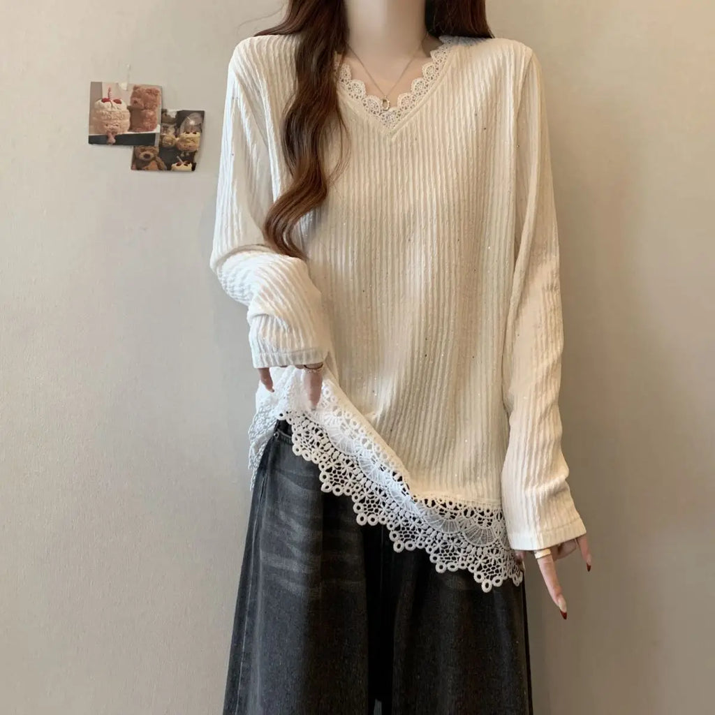 Lace Splicing Long Sleeve T-shirt Female Loose Slimming V-Neck Top