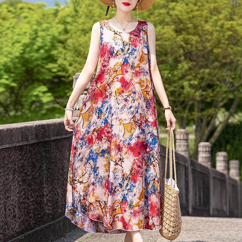 New Women Summer Dresses Vintage Dress FashionRobe Plus Size Sleeveless Femme Casual Print Dresses