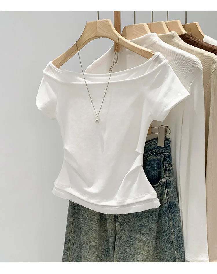 Unique Shoulder-Baring Pink Short-Sleeve T-Shirt Women's Summer New Style Korean Version Slim Fit Commute Style Cotton Material