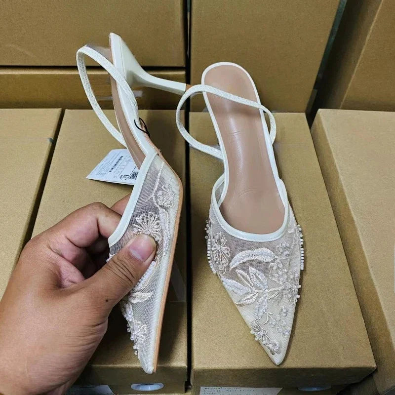Ladies Flower Mesh Open Heel Sandals Shoes Sexy Designer High Heel Pointed Toe Stiletto Pumps Mules  women sandals