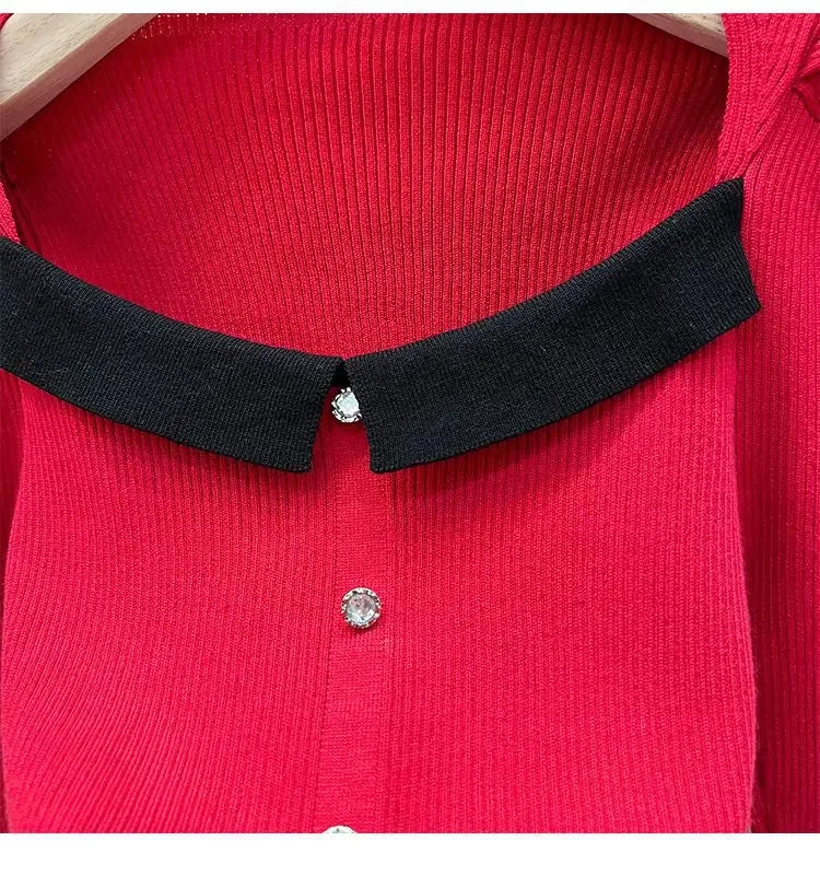 Women's Knitted Short Sweater Square Collar Base Shirt Color Collision Design Sensation Autumn Winter Special Edition Top