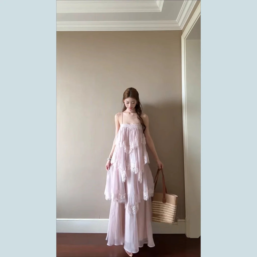 Summer Pink Lace Halter Dress Women's plus Size Casual Style Cake Skirt Loose Fit Backless Design Vacation Wear Polyester Fiber