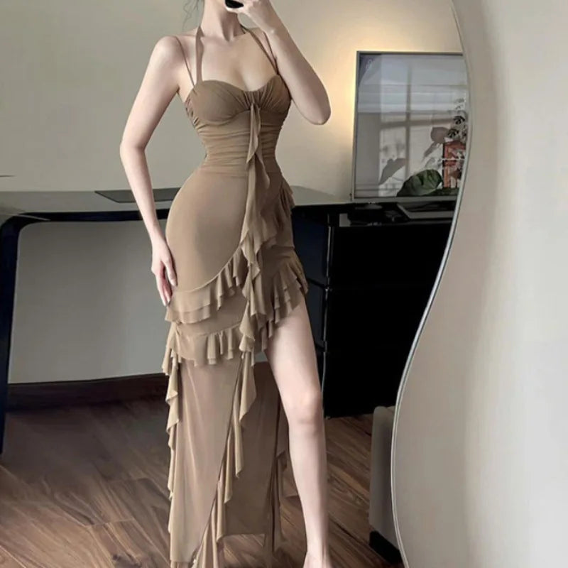 Fashionable Strapless Slim Fit Long Dress Sexy Trendy Girl High Waist Irregular Design Knitted Pure Color Spring New Arrival