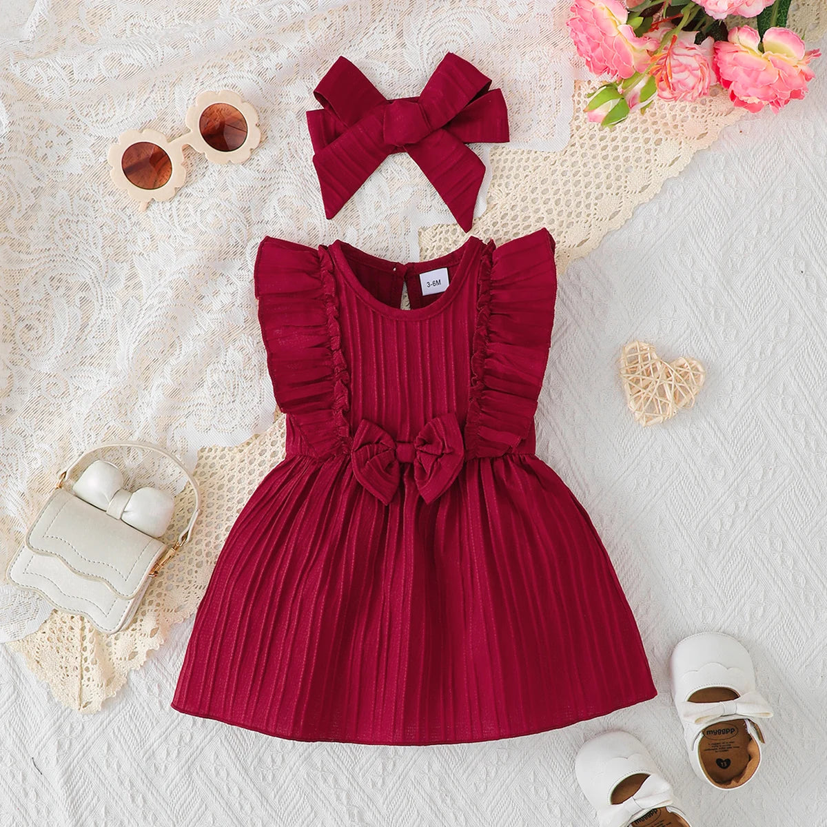 Baby Girl Summer Blue Dress With Bow And Ruffled Edges For 0-3 Year Olds Adorable Cute Style Outfit