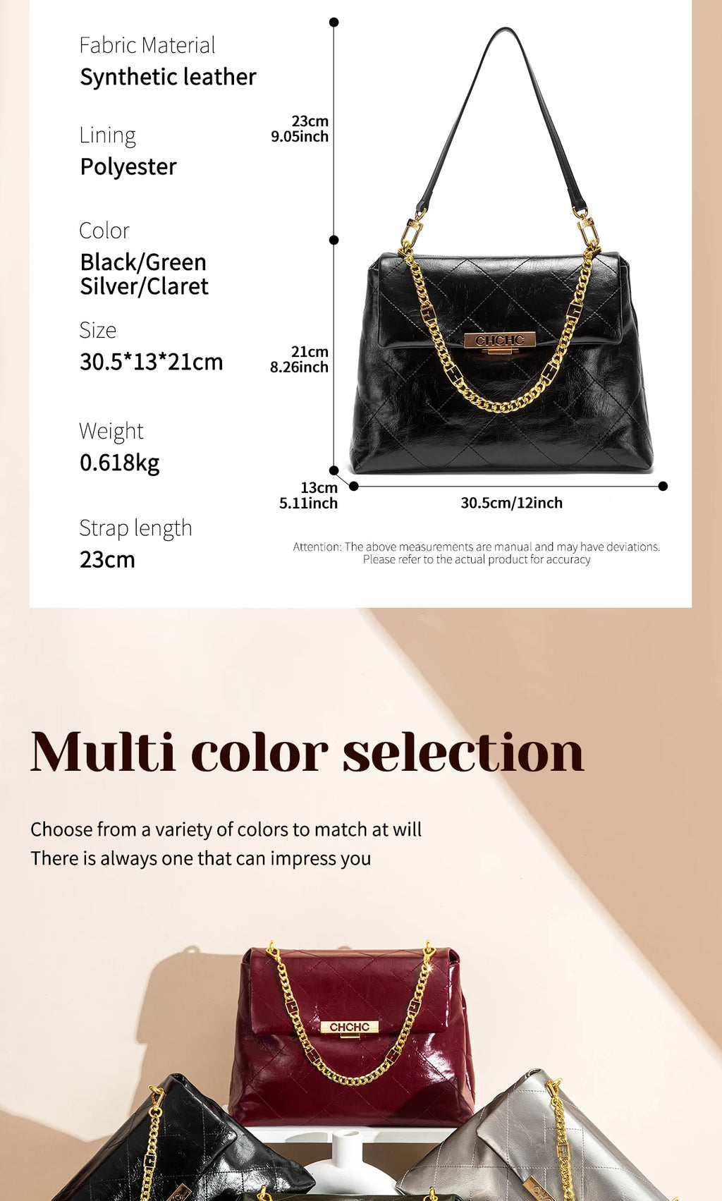 CHCH Women's Tote Bag - Black Faux Leather Diamond Grid Pattern