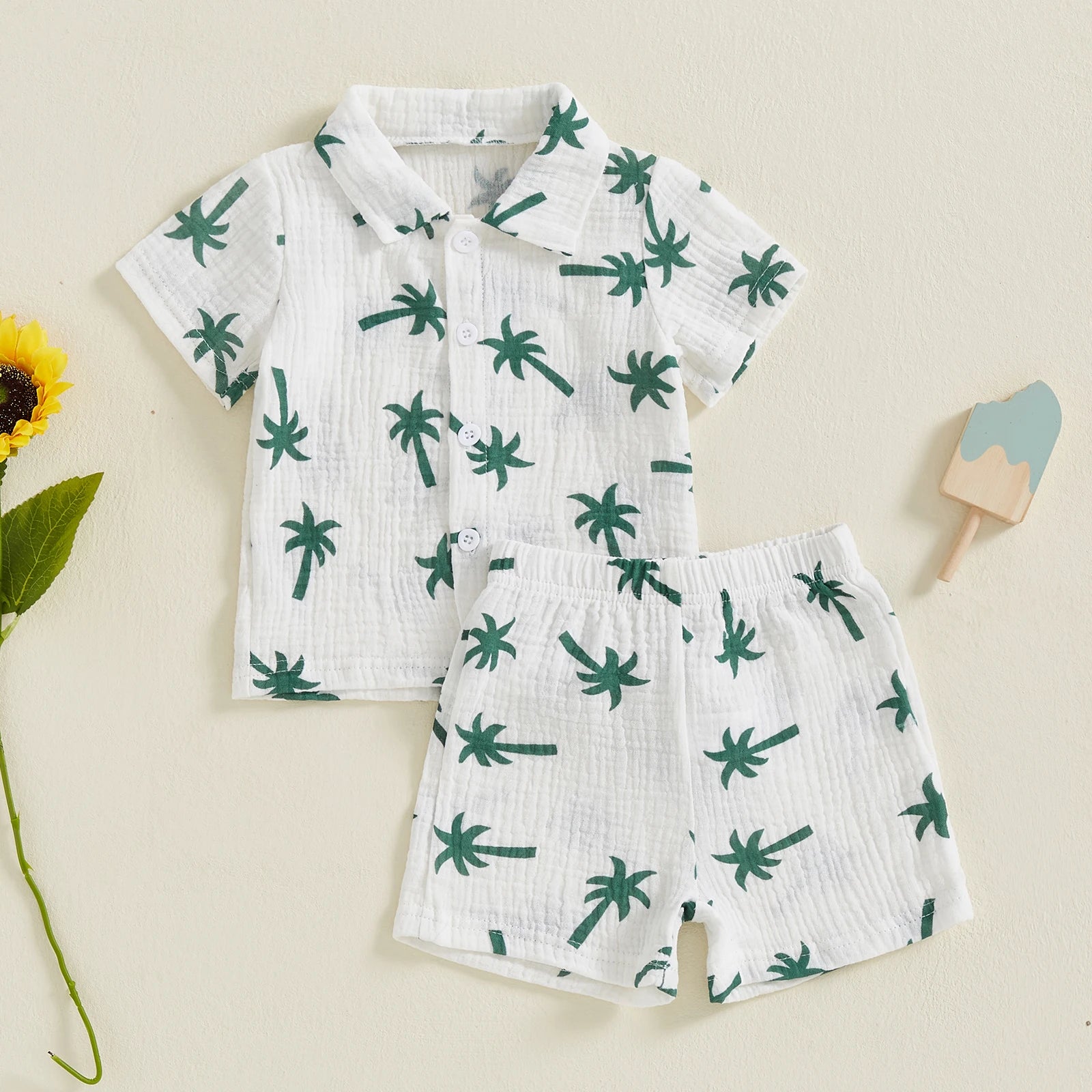 Palm Tree Print Baby Boys Summer Outfit Two Piece Set Button Up Shirt And Elastic Shorts