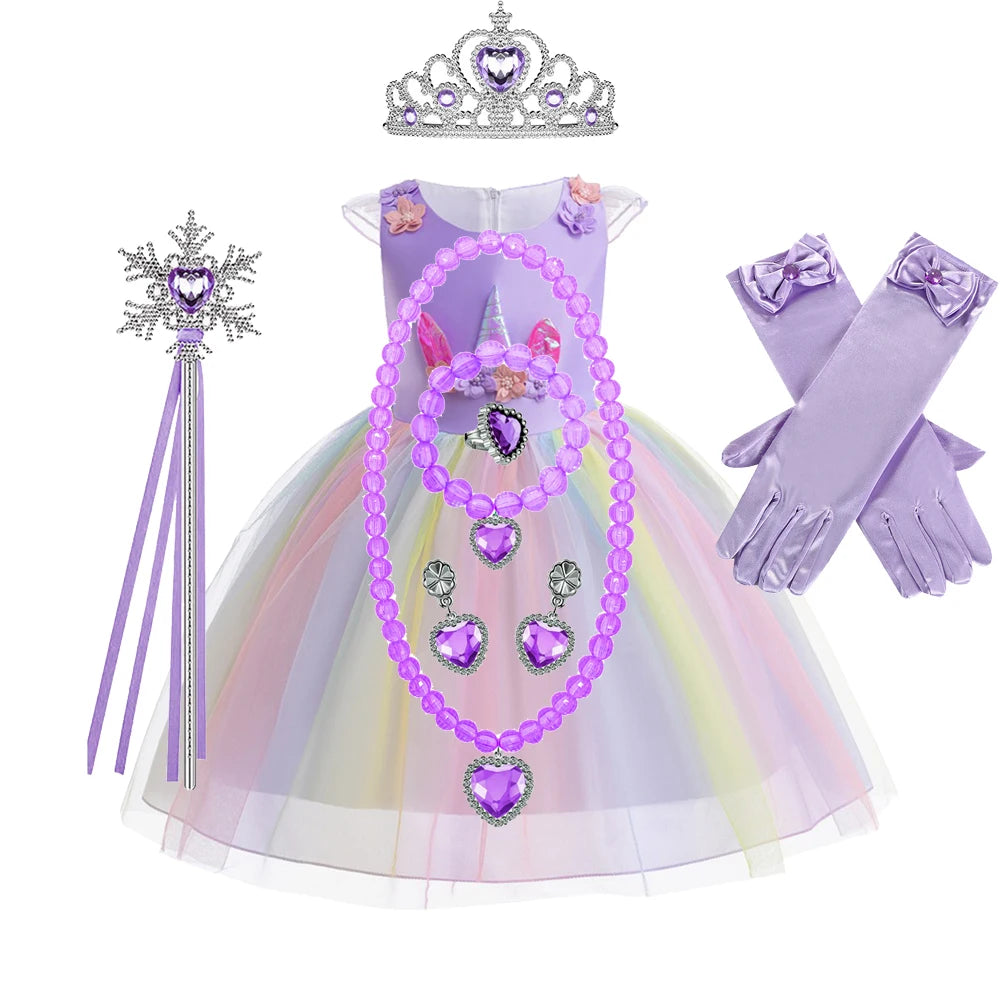 Kids Clothes Summer Girls Dress Short Sleeves Rainbow Princess Dress For Children Baby Birthday Party Clothing Unicorn 3-8years