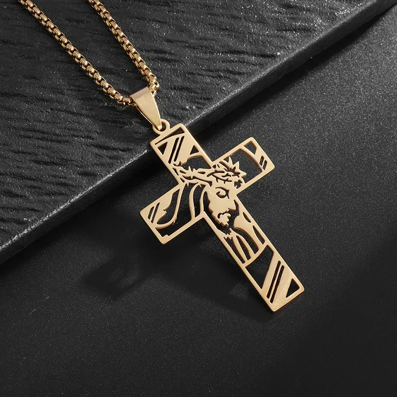 Jesus Christ Cross Mens Necklace Gold Color Cross Religious Pendant Necklace Accessory Chain Accessories