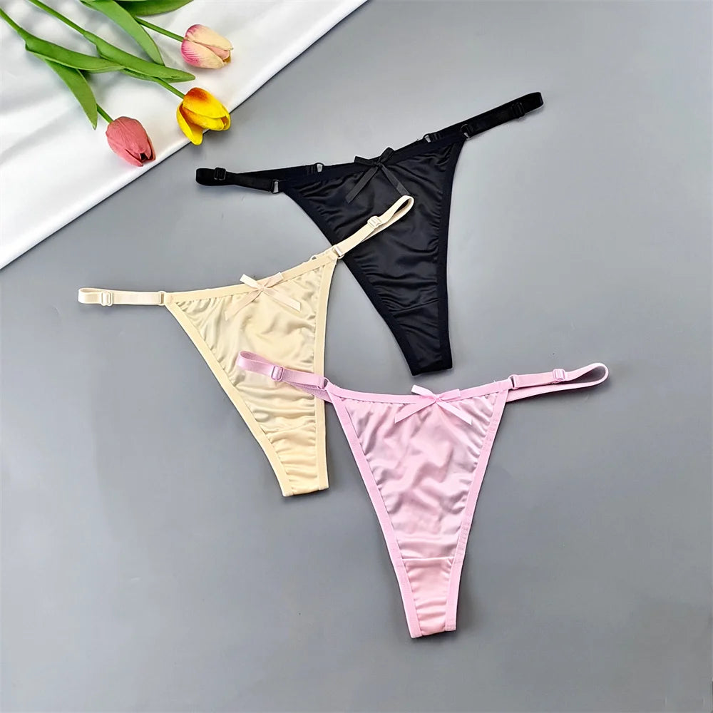 3pcs Women's Low-Rise Satin G-String Thong Panties - Adjustable