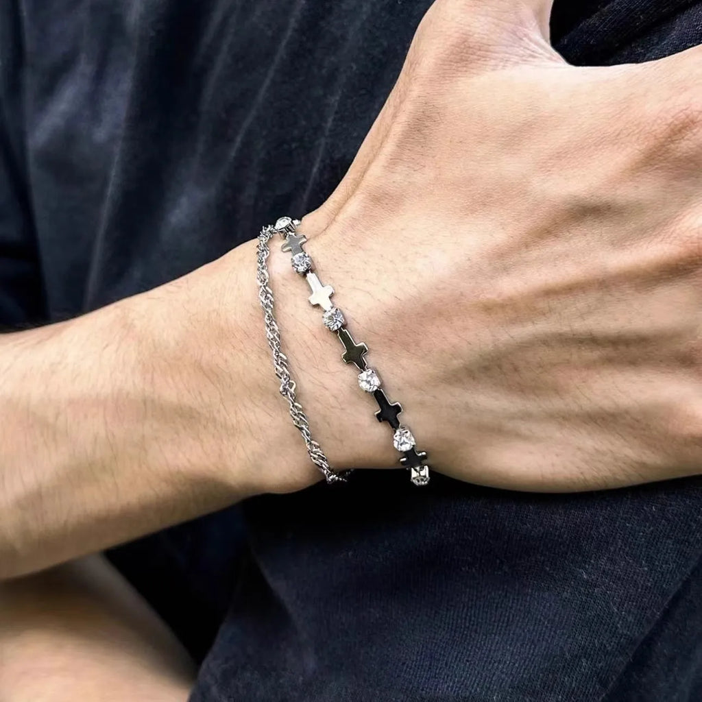 Stylish Men'S Cross Bracelets,Hiphop Stainless Steel Zircon Tennis Bracelet,Birthday Father Gifts