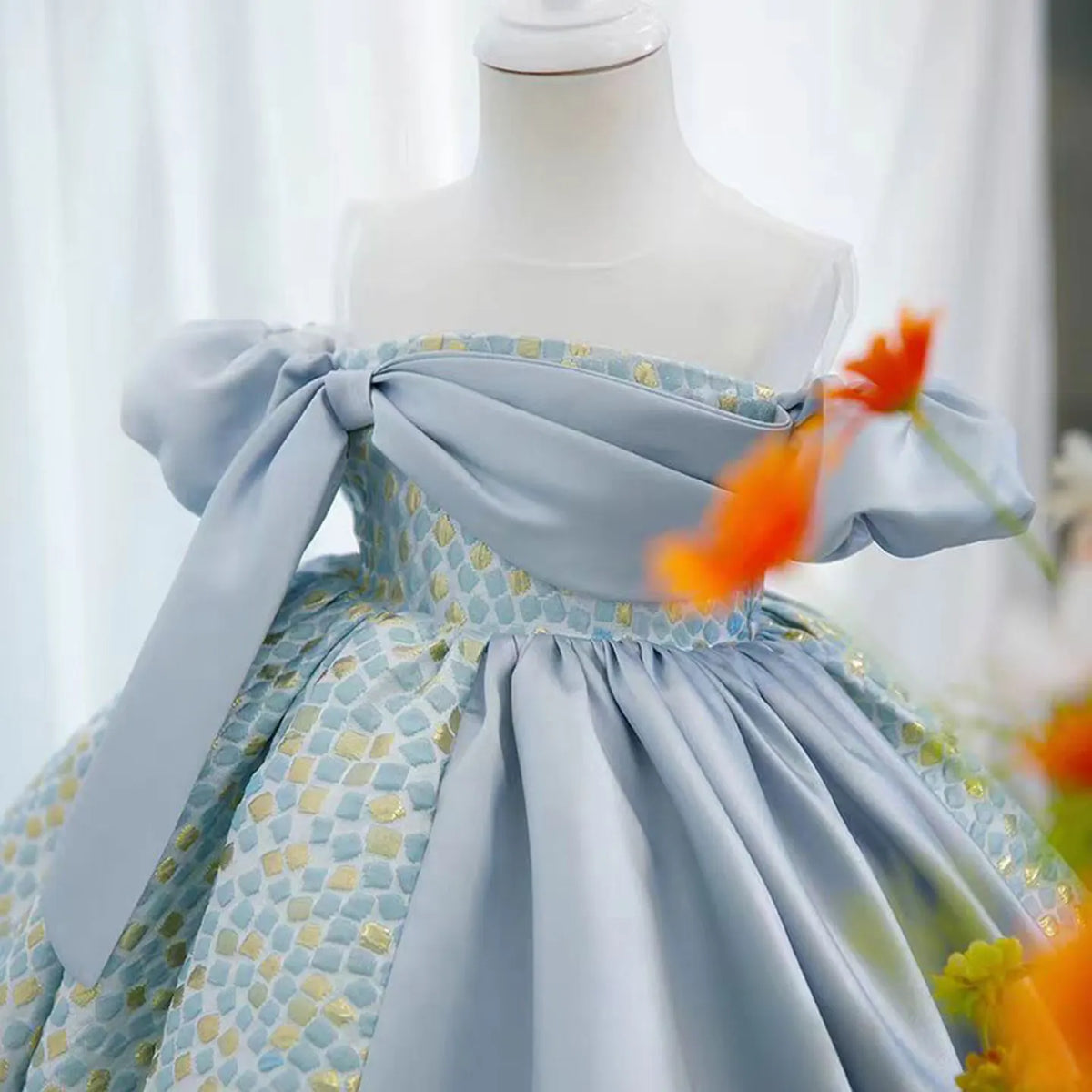 Dreamy Vow J774 Charming Blue Girl Dress With Short Sleeves  for Kids 1st Toddler Birthday Evening Party Knee Length Ball Gown