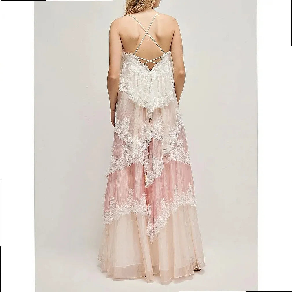French Vintage Lace Gradient Camisole Long Dress Spring Summer Floral Maxi Dress Elegant Layered Ruffle Dress