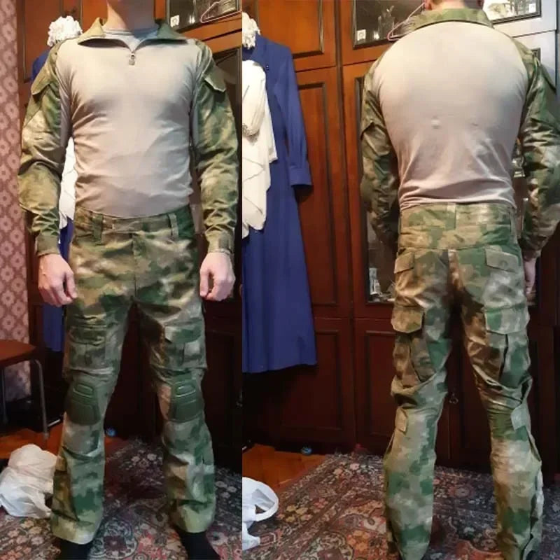 Outdoor Long Sleeve Tactical Shirts Combat Shirt 1/4 Zipper Ripstop Cotton Wear-Resisting Camo Airsoft T Shirts Men Clothing