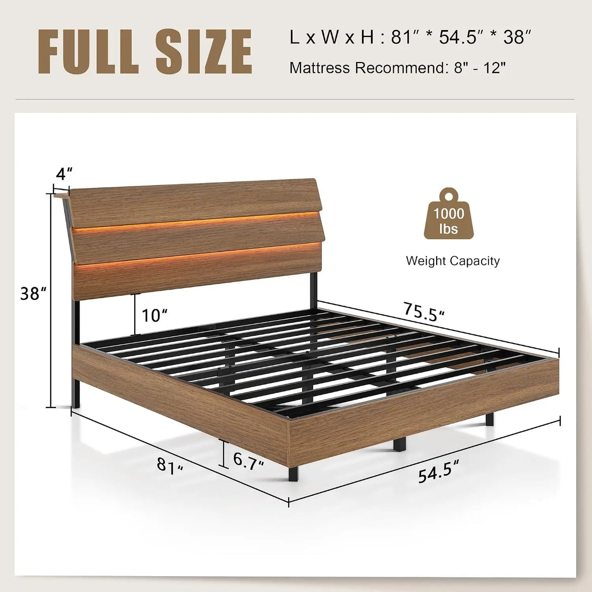 Floating Bed Frame Full with Led Lights and Charging Station, Full Size Platform Bed Frame w/Storage Headboard, Heavy Slats