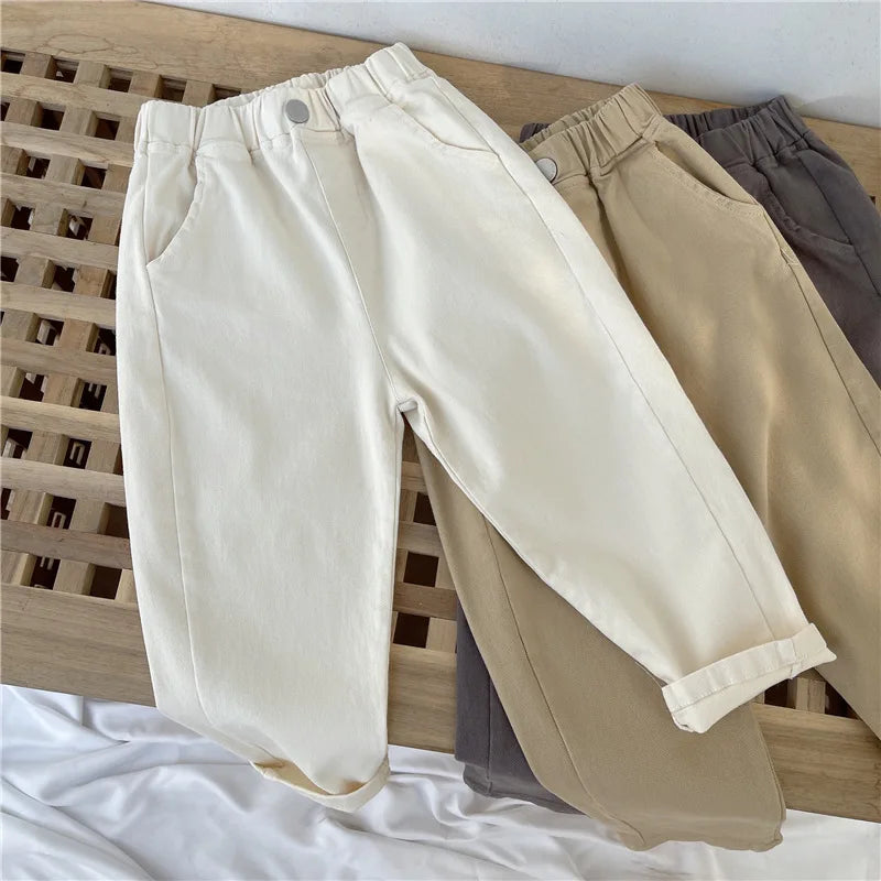 2-7Y New Autumn Casual Pants Solid Color Elastic Waist Pants with Side Pockets for Boys Girls Cotton Trousers Daily