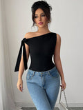 New Women's Elegant Commuter Solid Color Slash Shoulder Kink Lace-Up Slim T-Shirt