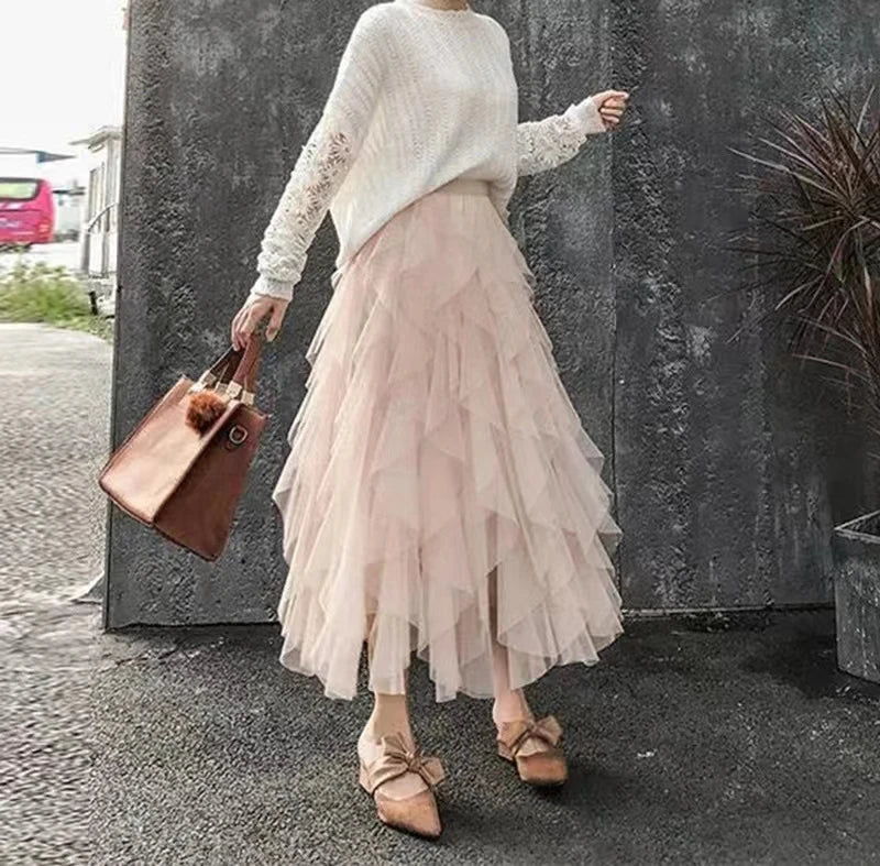French Romantic Layered Tulle Cake Skirt, High-waisted Slimming Asymmetrical Midi Fairy Skirt